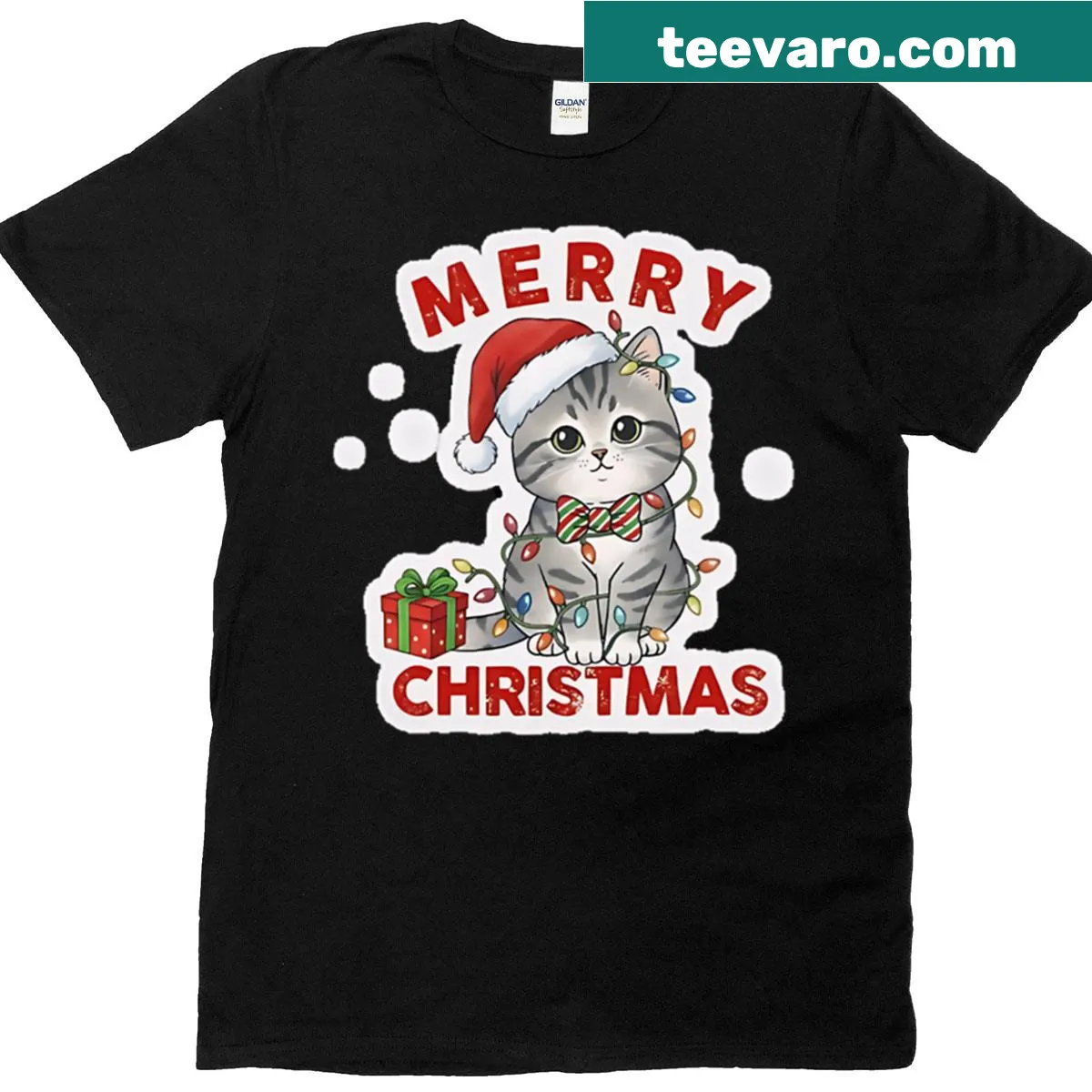 Adorable Christmas cat graphic with lights and a gift — on a men's t-shirt