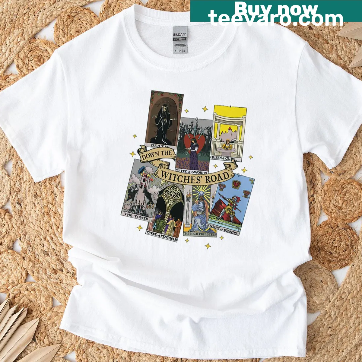 Illustrated tarot cards with 'Agatha All Along' text on T-shirt — on a men's t-shirt