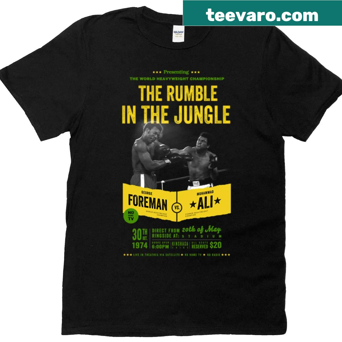 T-shirt commemorating the Ali vs. Foreman fight, 'Rumble in the Jungle' — on a men's t-shirt