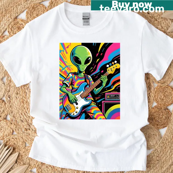 Whimsical alien bass player illustration on a tee