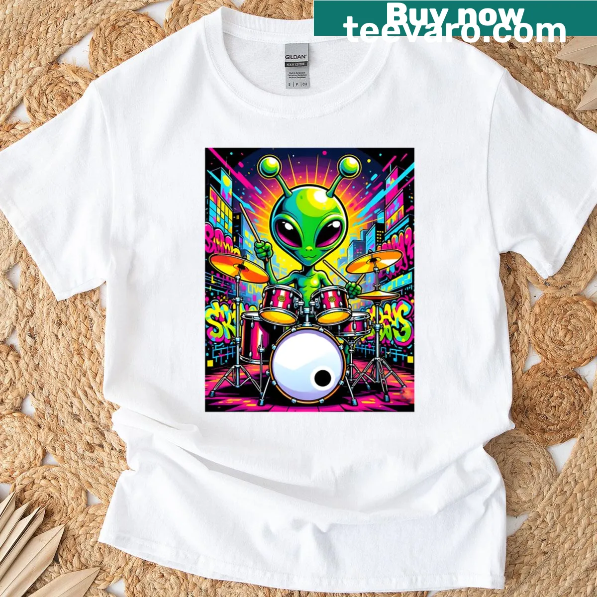 Playful cartoon of an alien drummer on a fun T-shirt. — on a men's t-shirt