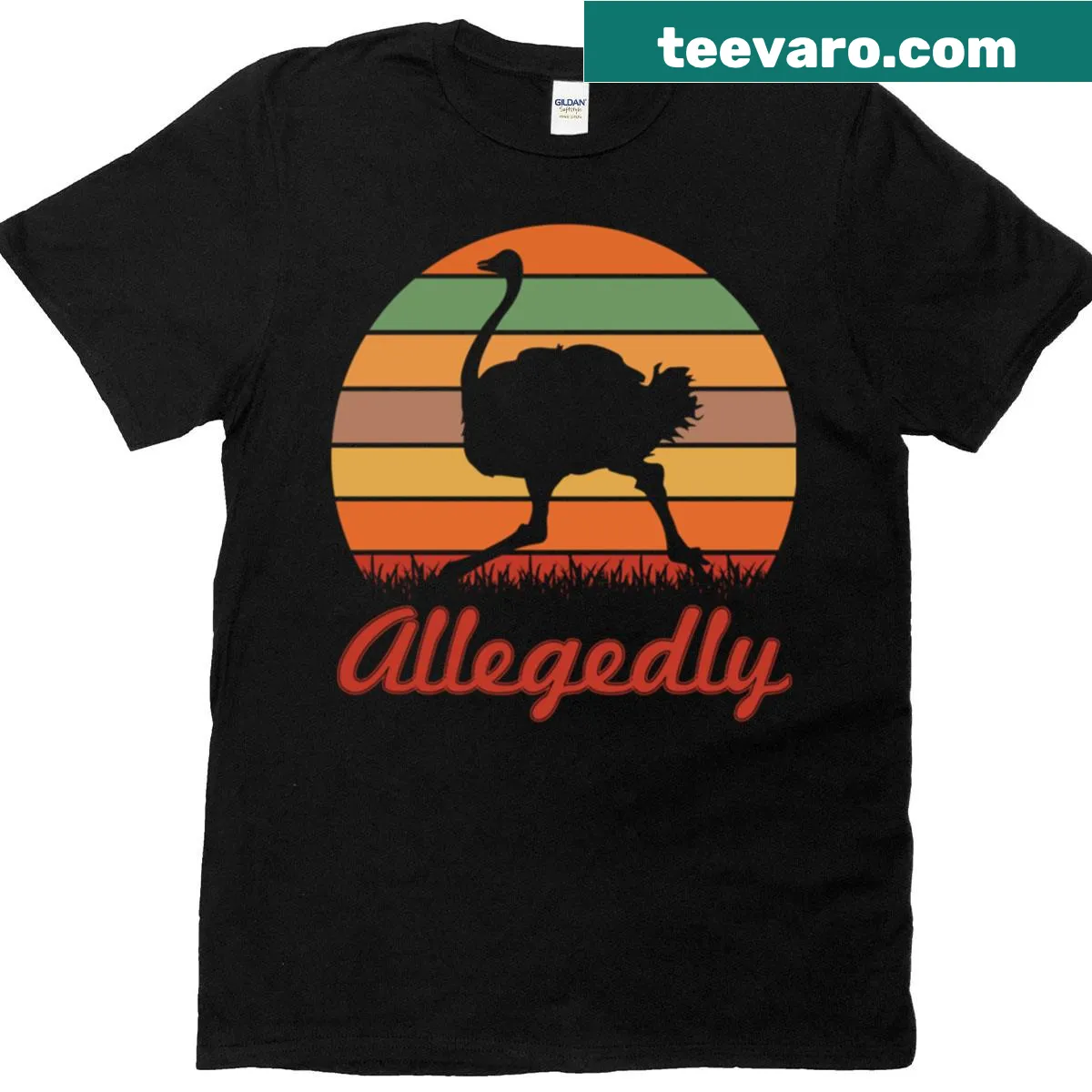 Vintage-style t-shirt featuring a humorous ostrich graphic and the word 'Allegedly' — on a men's t-shirt