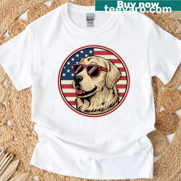 Golden Retriever in red sunglasses on a patriotic T-shirt