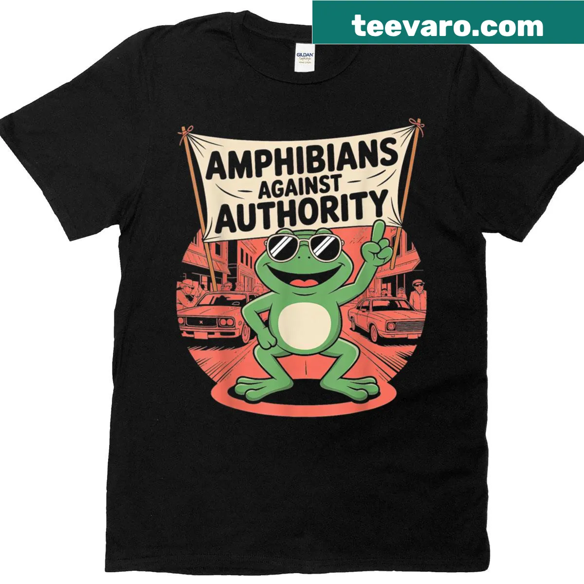Edgy T-shirt with lettering that reads 'Amphibians Against Authority.' — on a men's t-shirt