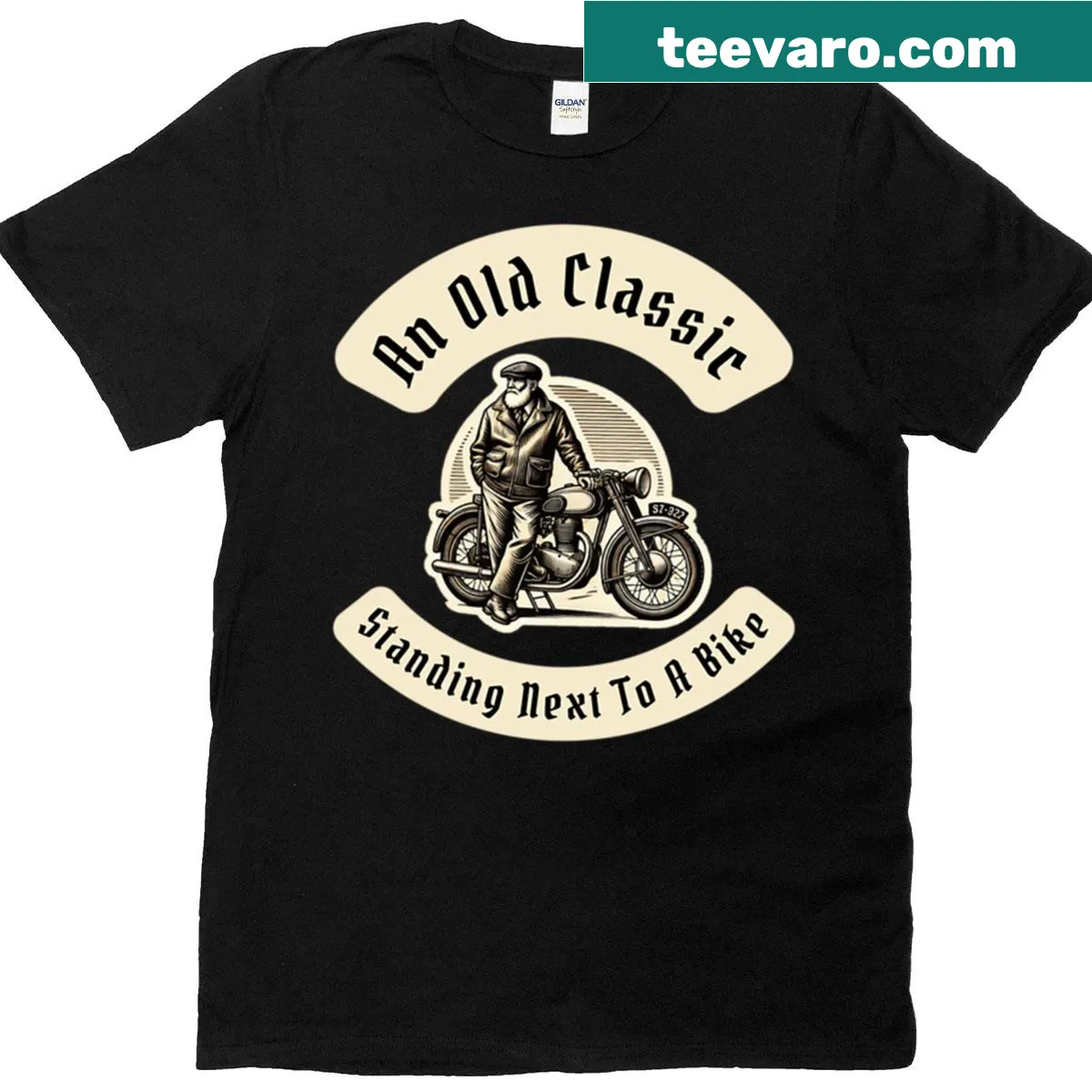Illustrated t-shirt featuring an old man with his motorbike — on a men's t-shirt