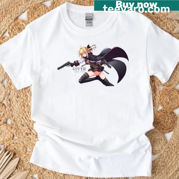 Anime-style T-shirt featuring a blonde character with a pistol