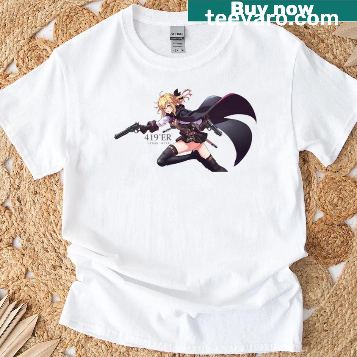 Anime-style T-shirt featuring a blonde character with a pistol — on a men's t-shirt