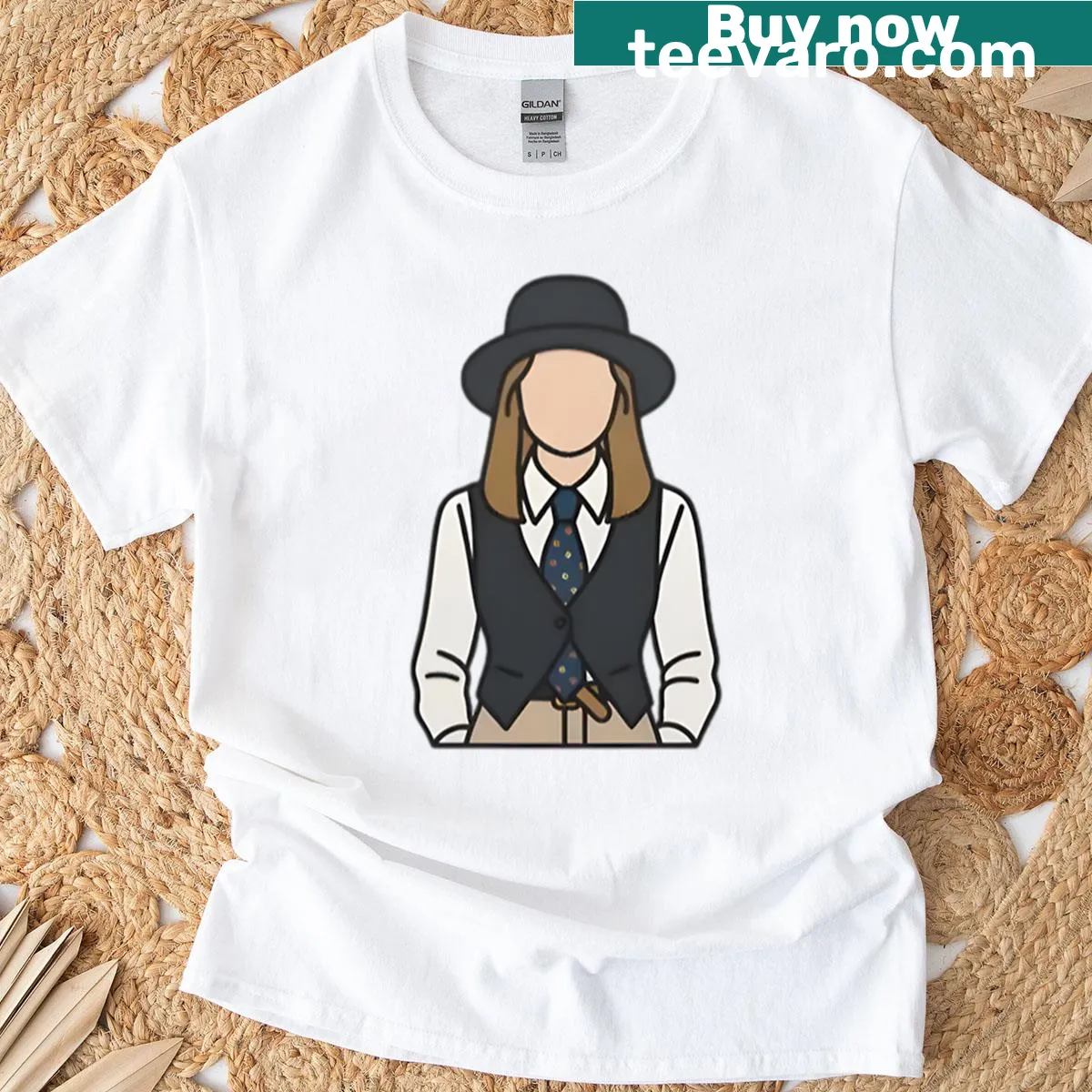 Line art tribute of Diane Keaton as Annie Hall on a t-shirt — on a men's t-shirt