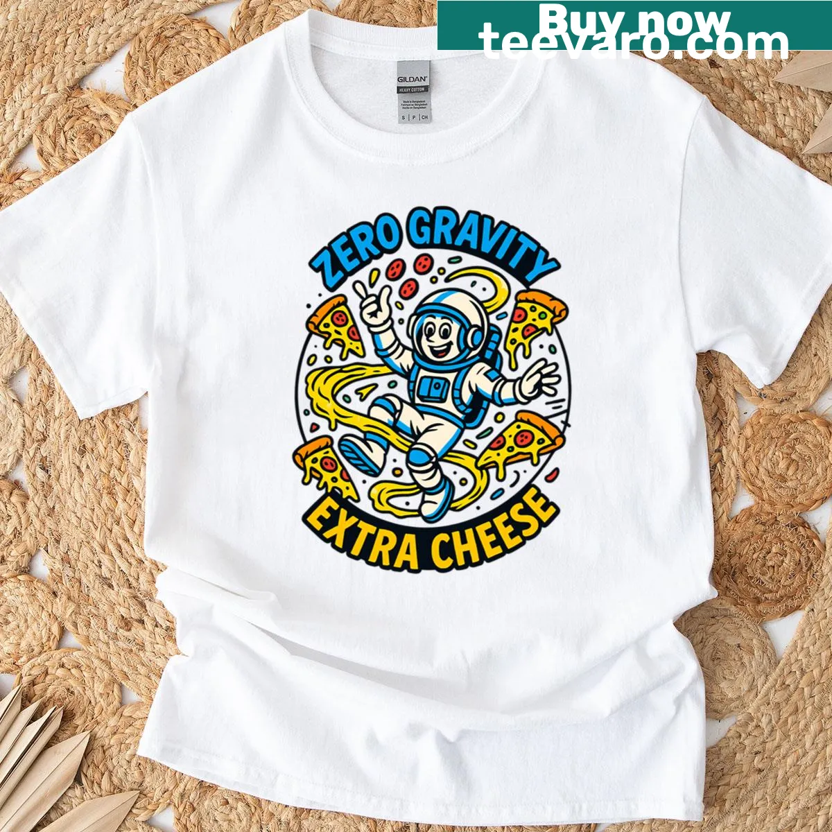 Fun retro comic design of astronaut eating pizza — on a men's t-shirt