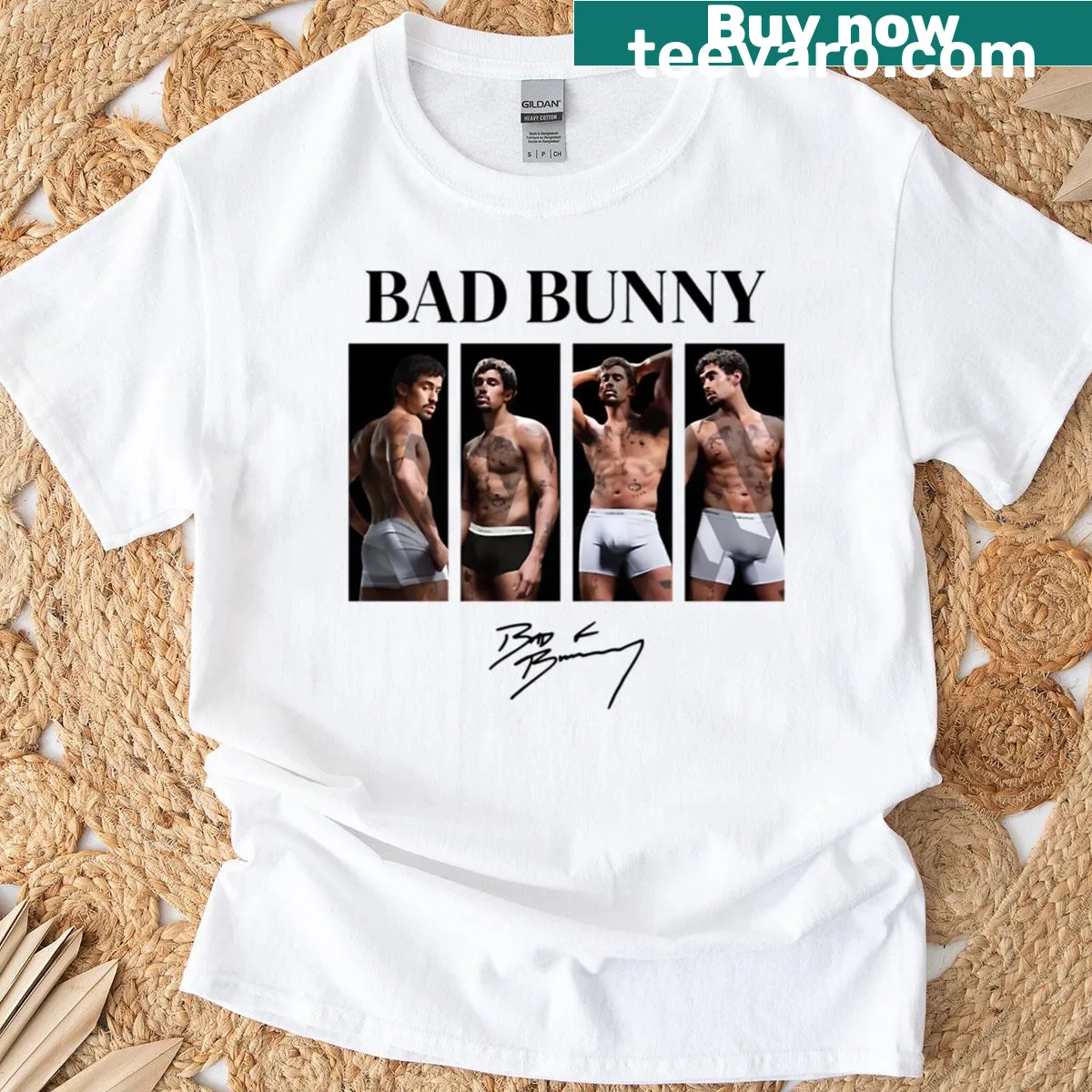 Illustrated t-shirt inspired by Bad Bunny's iconic music style — on a men's t-shirt