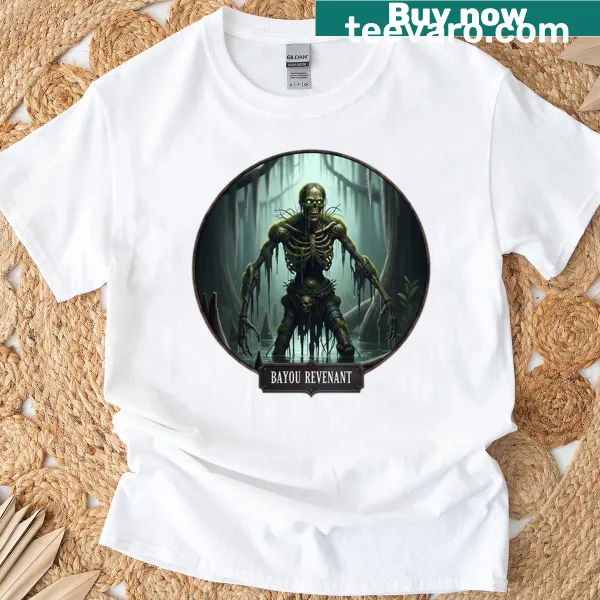 Illustrated swamp monster graphic on a horror-themed T-shirt