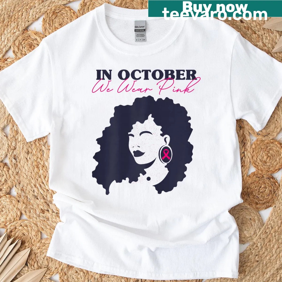 Illustrated graphic of strong Black women with a pink ribbon on a T-shirt. — on a men's t-shirt