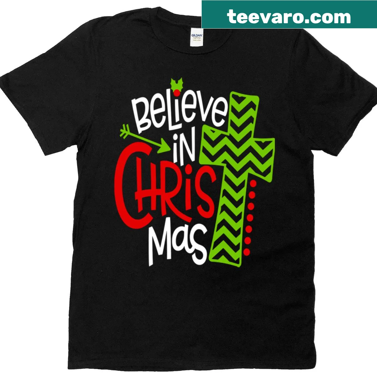 T-shirt with 'Believe In Christmas' typography design — on a men's t-shirt