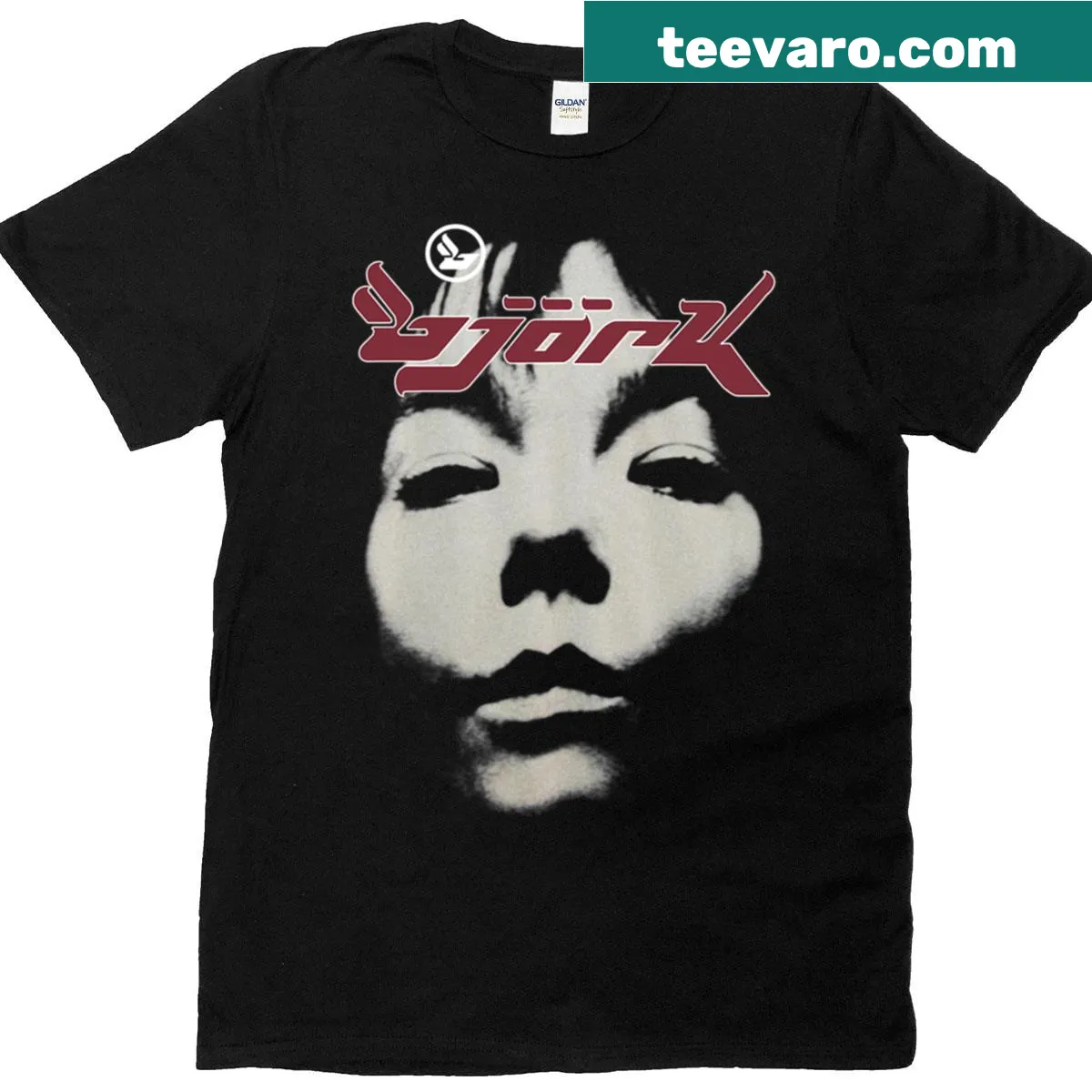 Vintage-style Bjork Homogenic album logo t-shirt — on a men's t-shirt