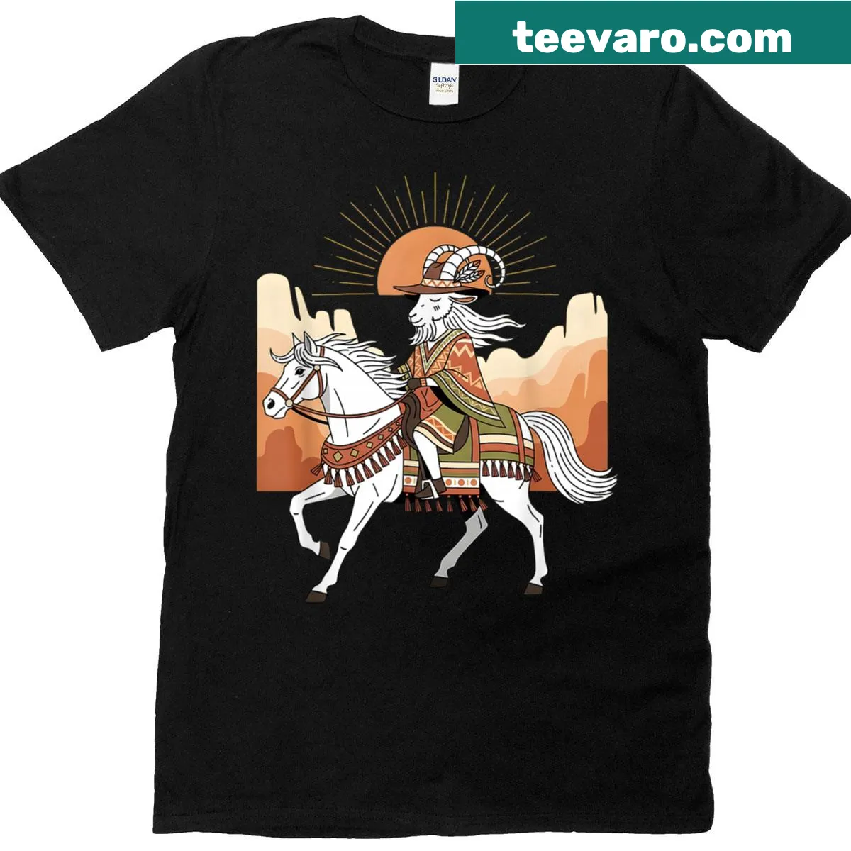 Boho goat rider in desert art on a stylish t-shirt — on a men's t-shirt