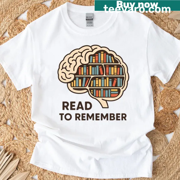 Surreal illustration of a bookshelf filled with books on t-shirt