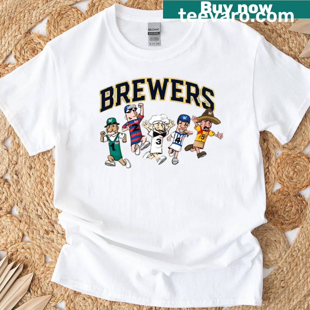 Cartoon design of Brewers sausage mascot race on t-shirt — on a men's t-shirt