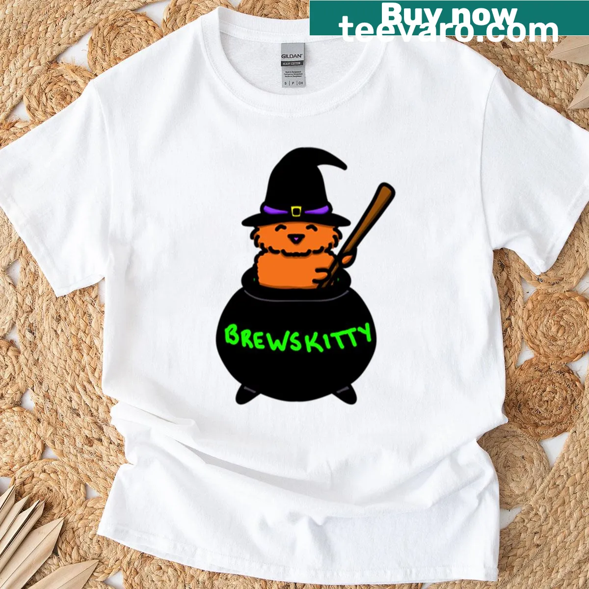 Halloween witch cat graphic t-shirt with cartoon design — on a men's t-shirt