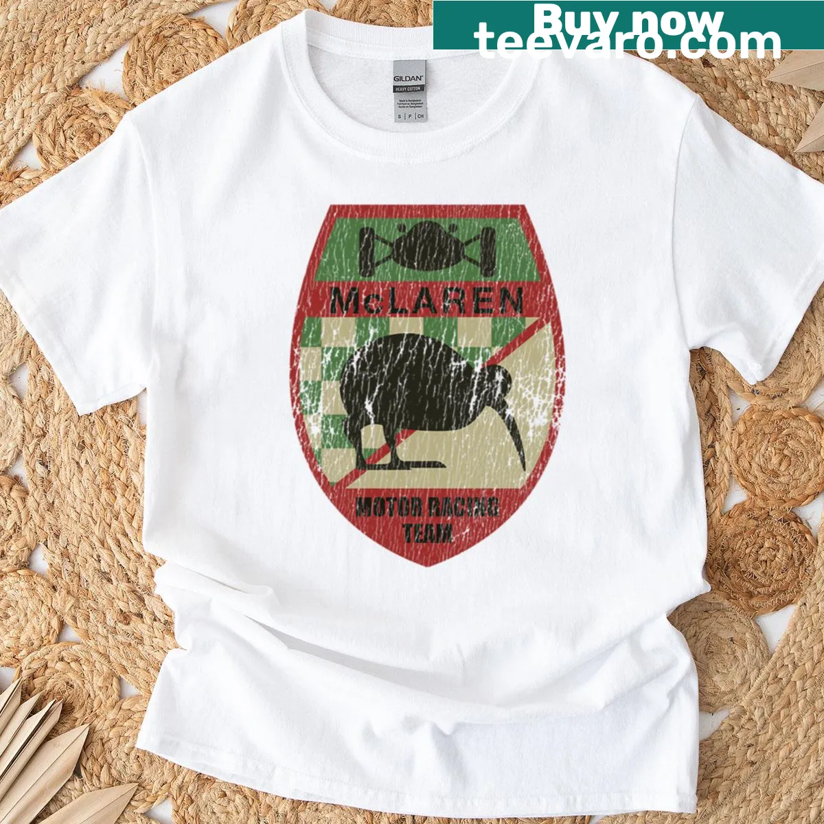 Vintage T-shirt featuring the 1963 Bruce McLaren Motor Racing Team logo — on a men's t-shirt