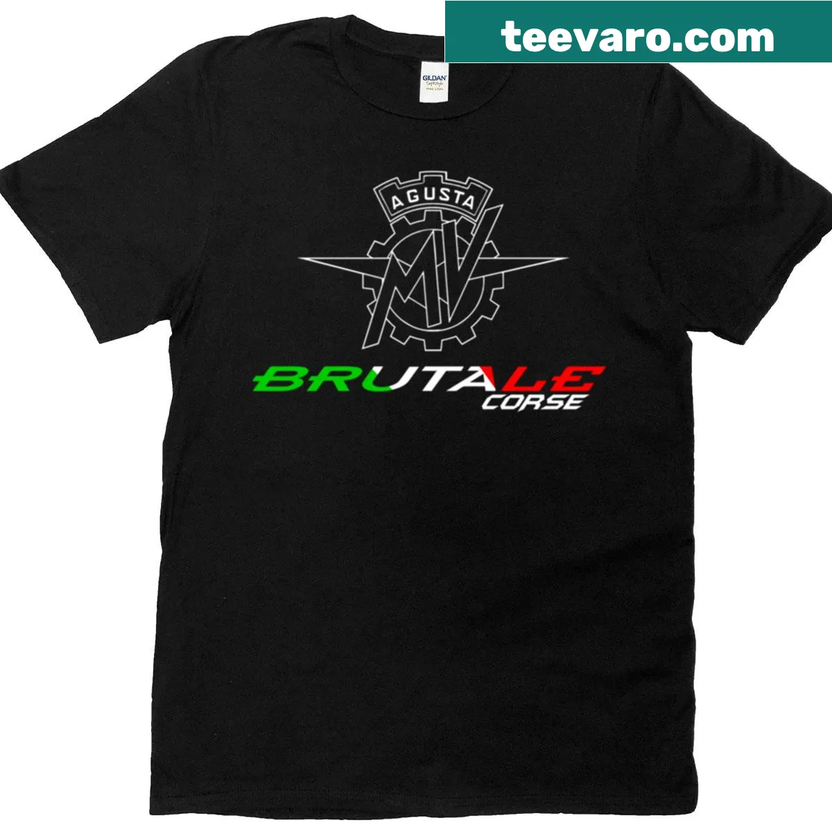 Racing-themed t-shirt featuring the Brutale Corse emblem — on a men's t-shirt