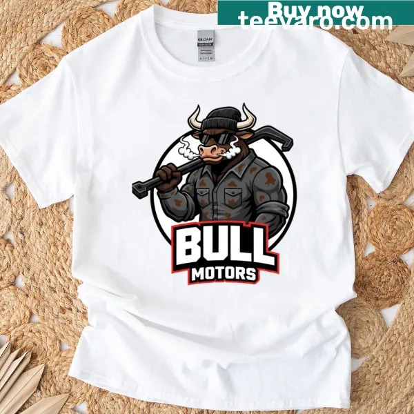 Graphic of Bull Motors symbol on a T-shirt, reflecting automotive lifestyle.