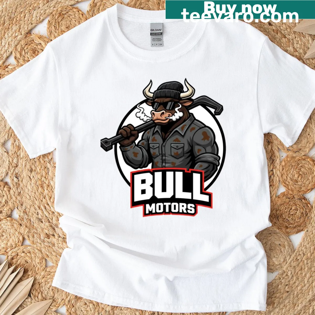 Graphic of Bull Motors symbol on a T-shirt, reflecting automotive lifestyle. — on a men's t-shirt