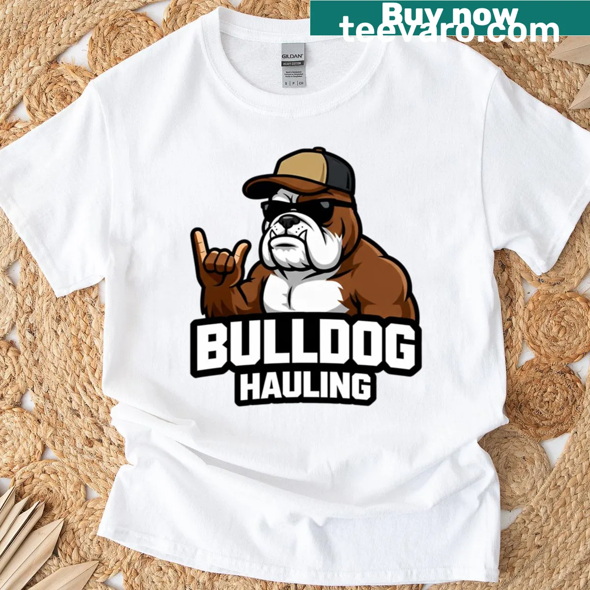 Cartoon bulldog in a transport vehicle illustration — on a men's t-shirt