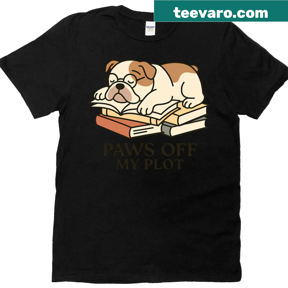 Whimsical T-shirt featuring a sleeping bulldog on books — on a men's t-shirt