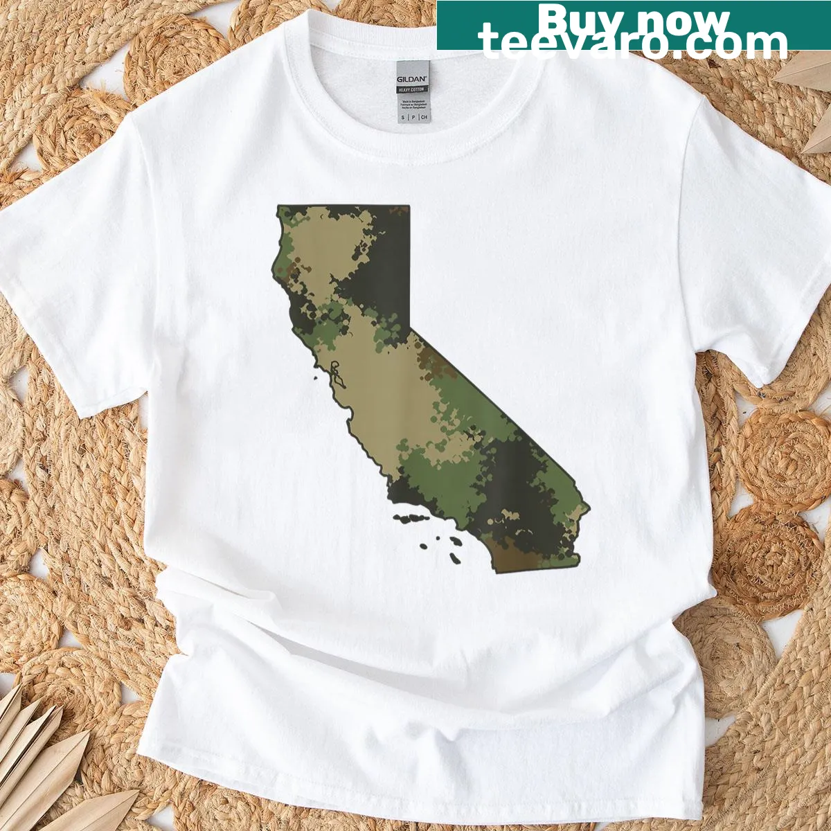 Camo map of California design on a T-shirt for outdoor lovers — on a men's t-shirt