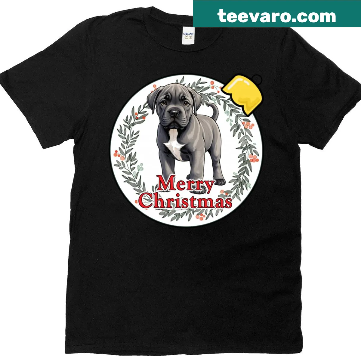 Cute Christmas t-shirt featuring a Cane Corso puppy on an ornament — on a men's t-shirt
