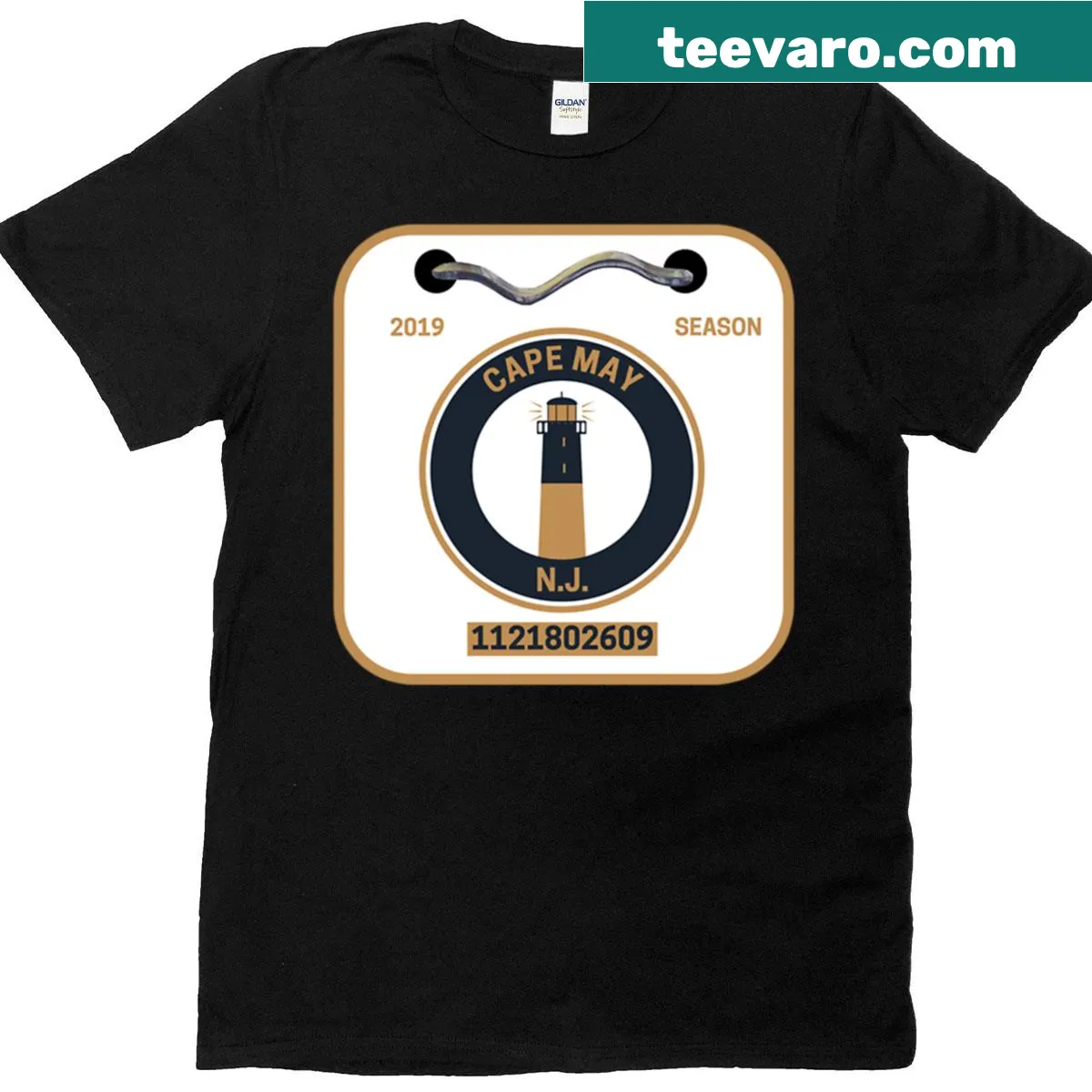 Cape May New Jersey beach badge design on t-shirt — on a men's t-shirt
