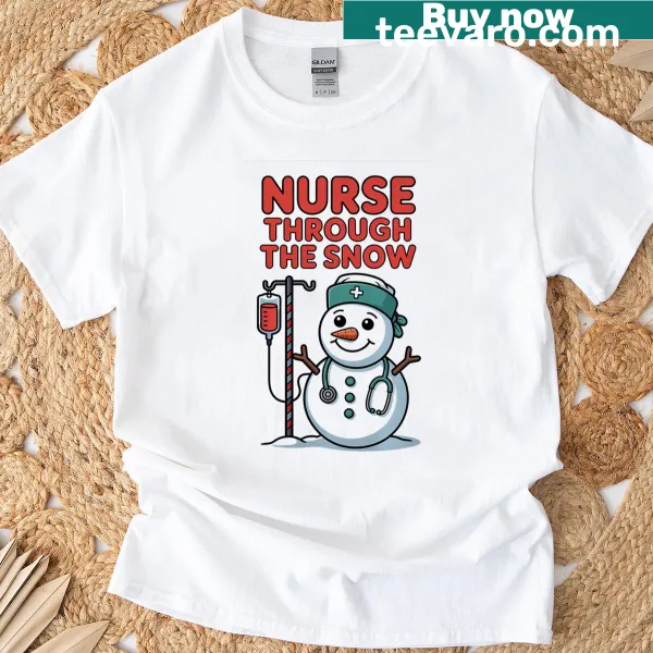 Graphic shirt with the message 'Care Through The Snow' in winter-themed typography