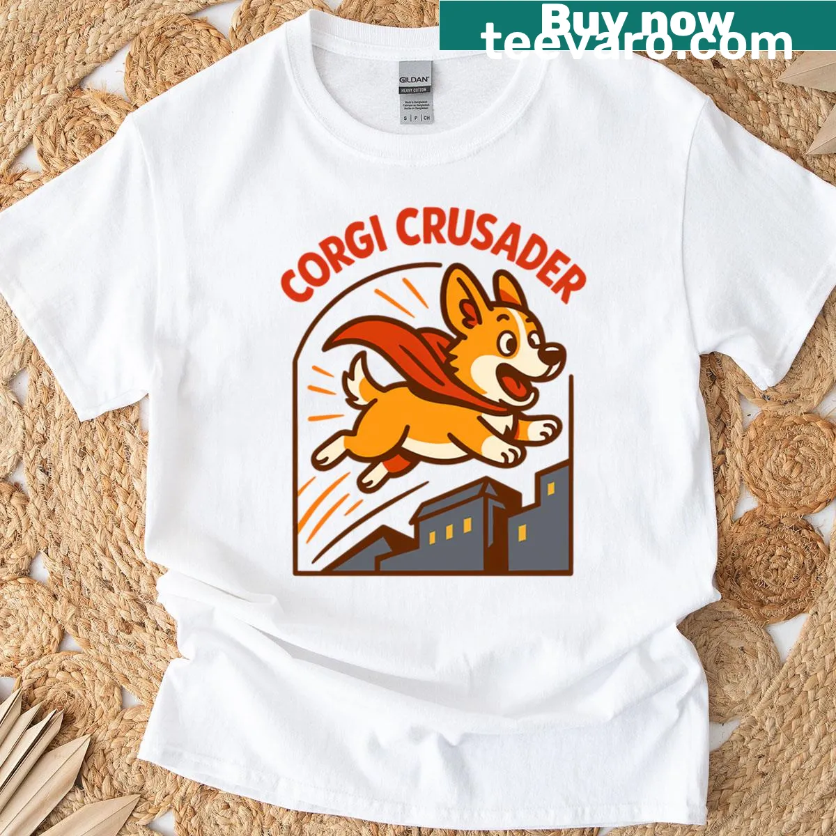 Cartoon superhero corgi on a rooftop — on a men's t-shirt
