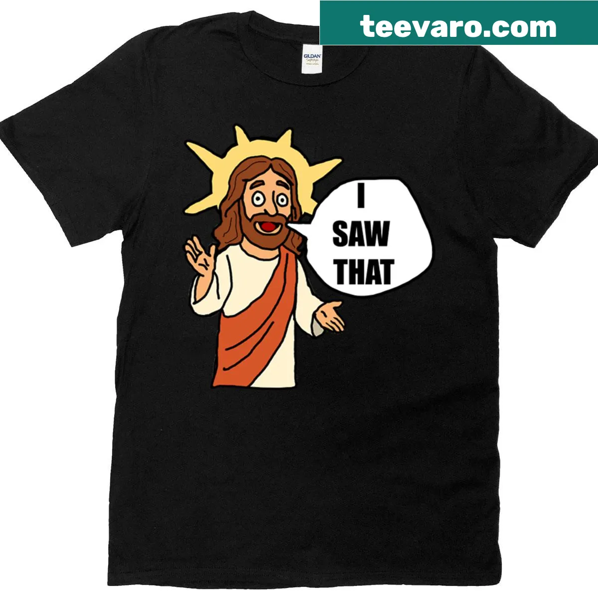 Cartoon Jesus illustration with humorous text on a T-shirt — on a men's t-shirt