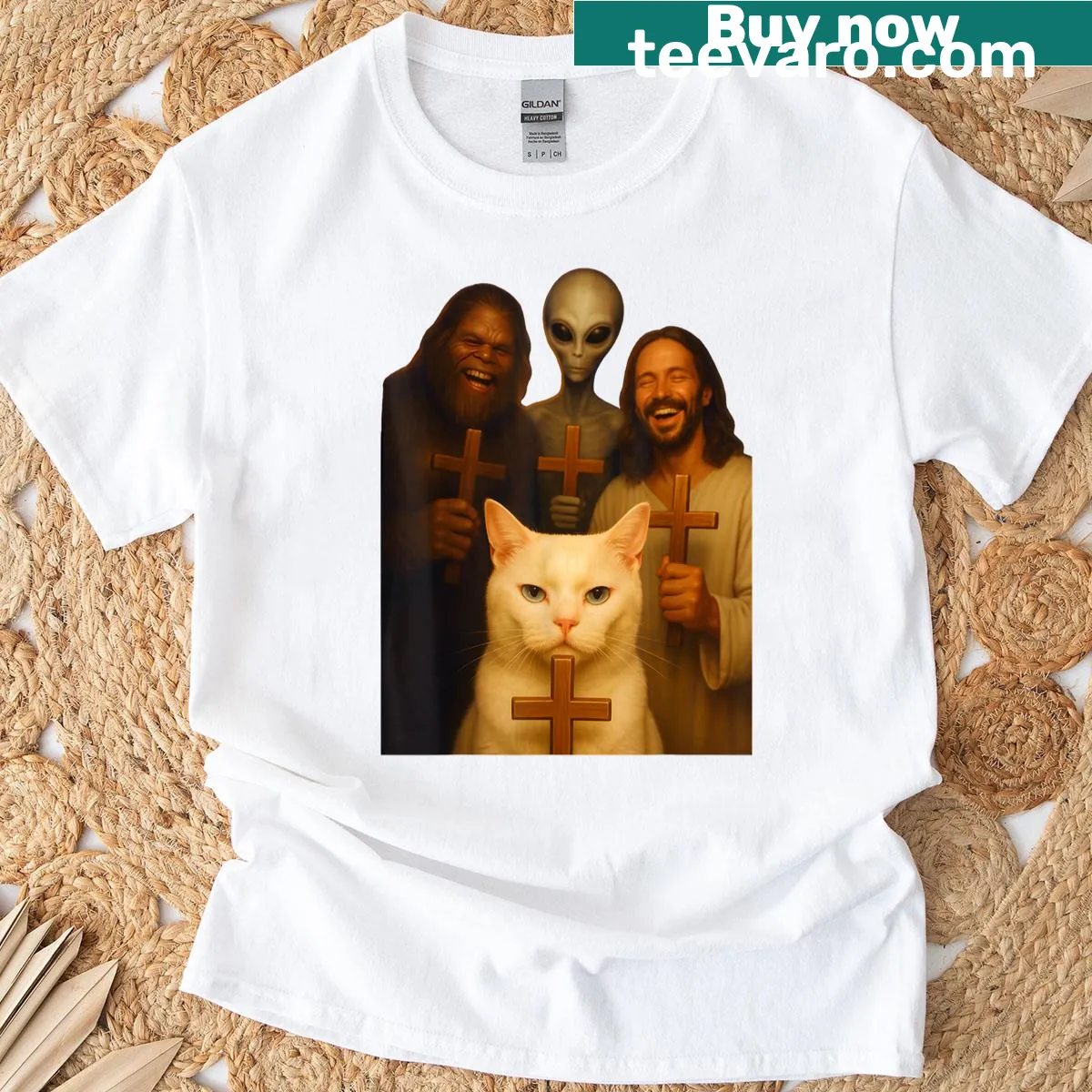 Humorous T-shirt featuring a cat selfie with Bigfoot, Jesus, and an alien — on a men's t-shirt