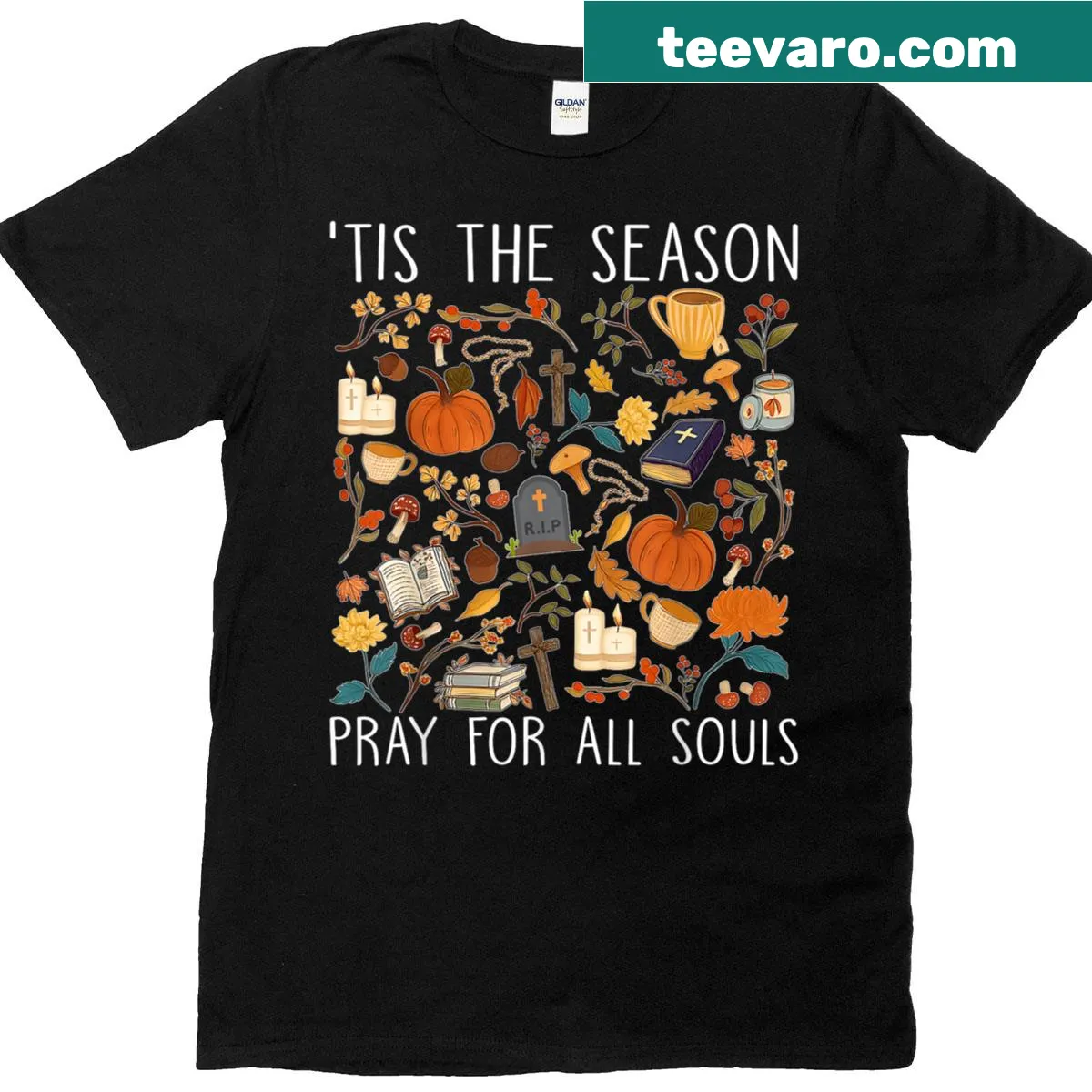 Illustrated T-shirt with Pray For All Souls text for Halloween — on a men's t-shirt