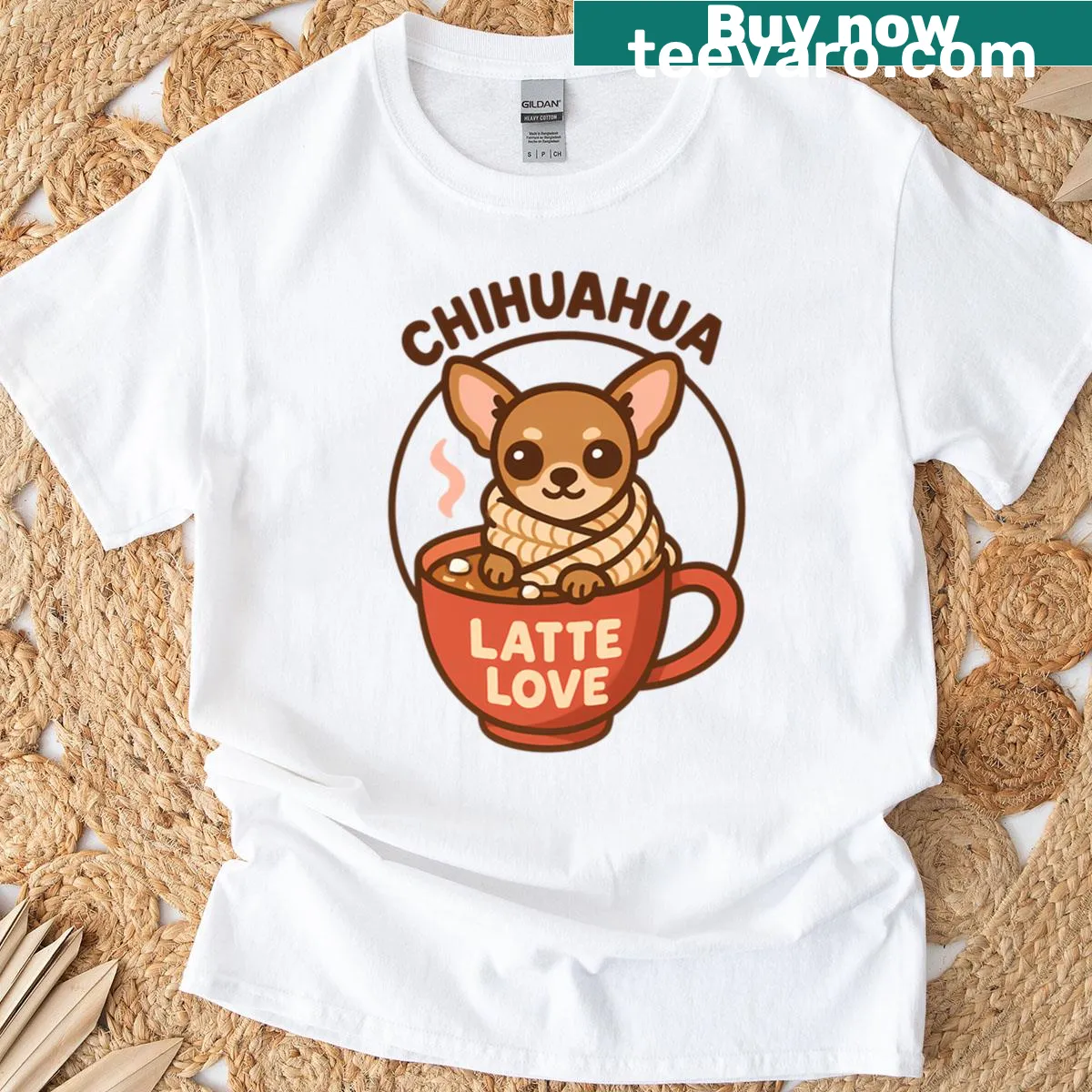 Cute Chihuahua illustration enjoying hot cocoa on a t-shirt — on a men's t-shirt