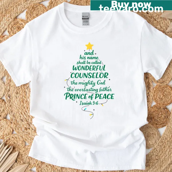 Christmas tree shaped T-shirt featuring names of Jesus in design