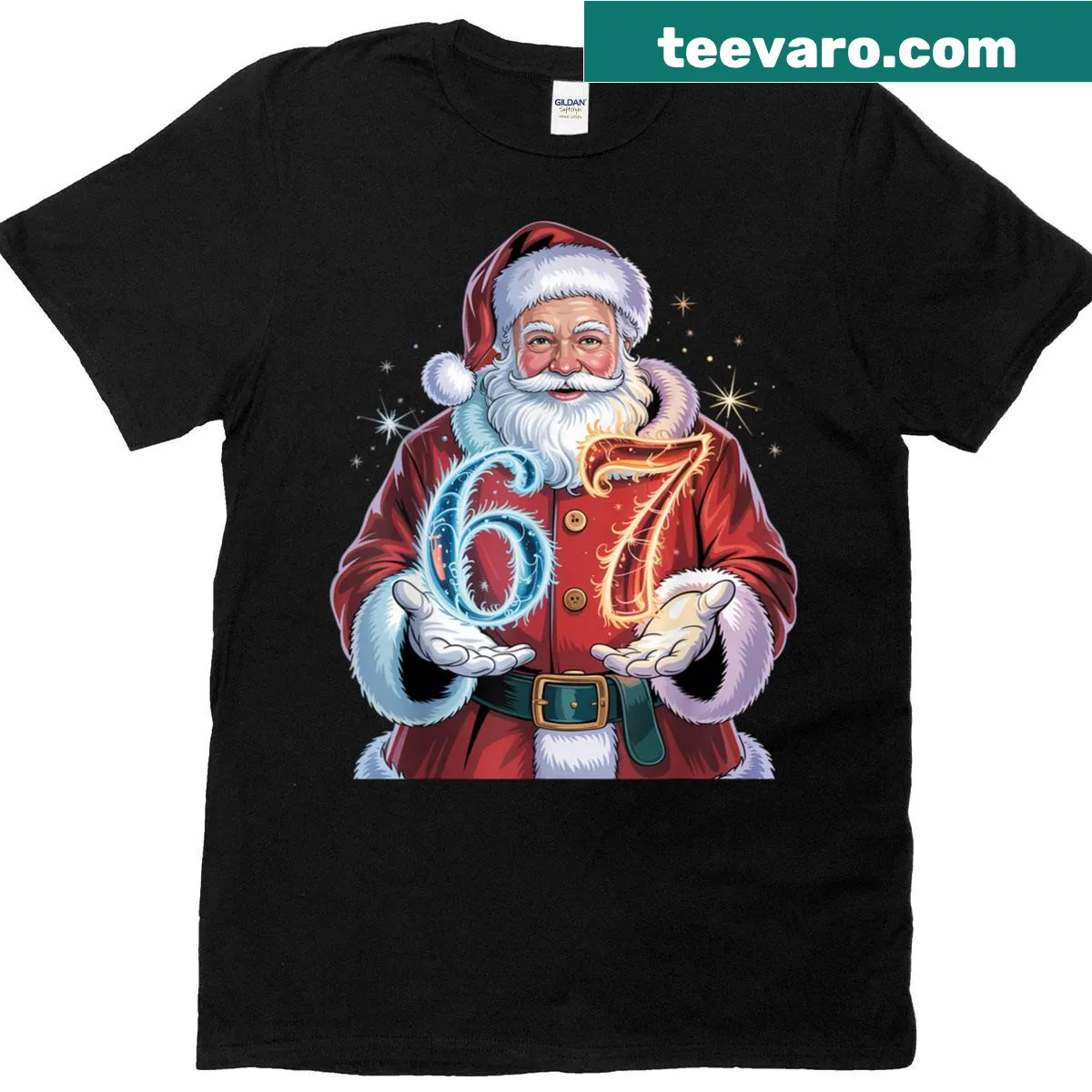 Funny Christmas-themed t-shirt with Christmas 67 design — on a men's t-shirt