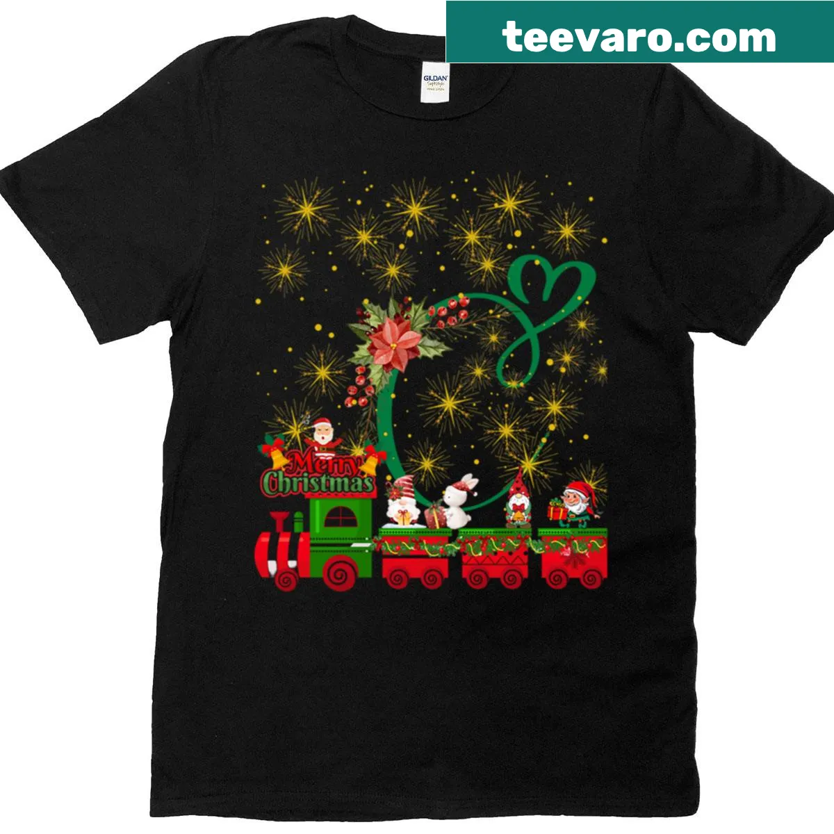 Festive t-shirt with Christmas gnome train graphic — on a men's t-shirt