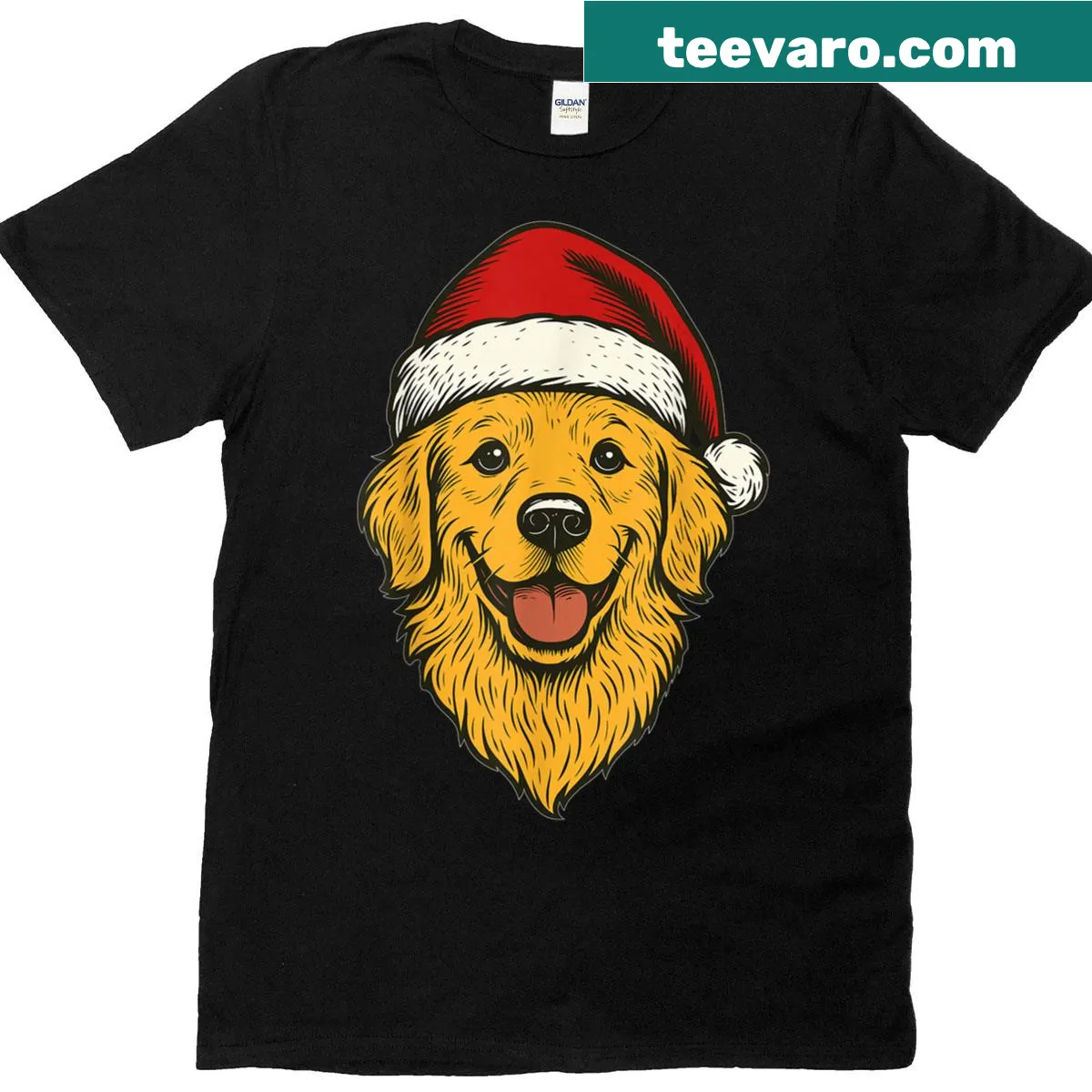 Funny Christmas T-shirt featuring a golden retriever in a Santa hat — on a men's t-shirt