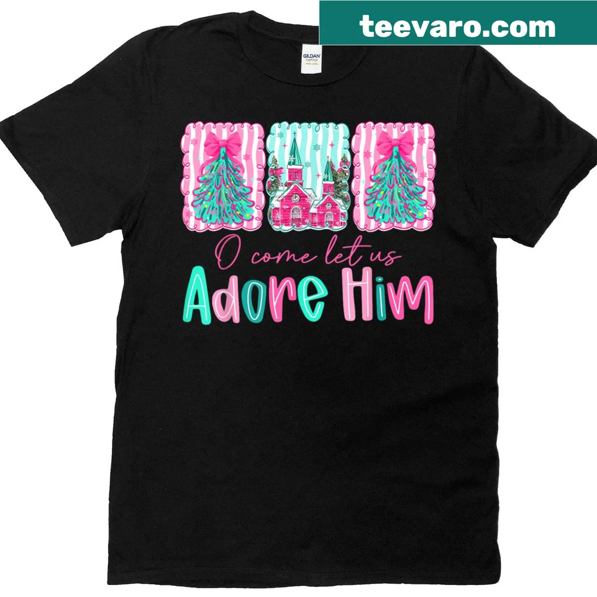 Festive T-shirt featuring a Christmas tree and religious phrase — on a men's t-shirt