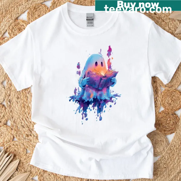 Whimsical ghost reading a book illustration on a t-shirt