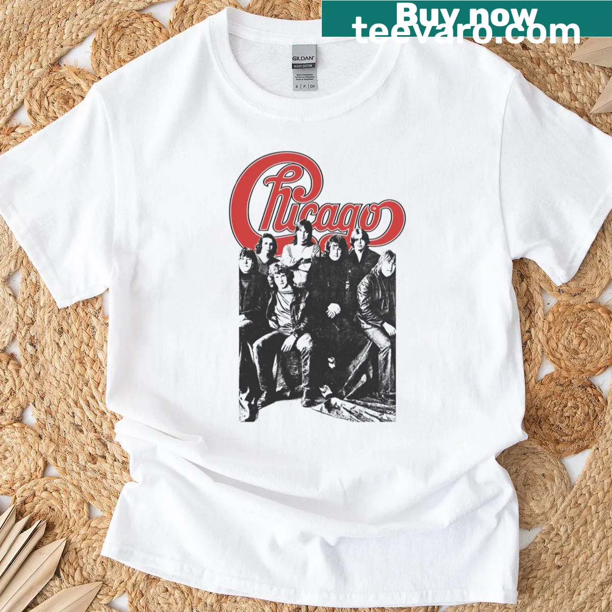 Vintage T-shirt featuring a graphic of the Chicago band, nostalgic for music fans — on a men's t-shirt
