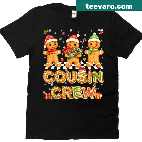 Christmas T-shirt with Cousin Crew and gingerbread pajamas illustration
