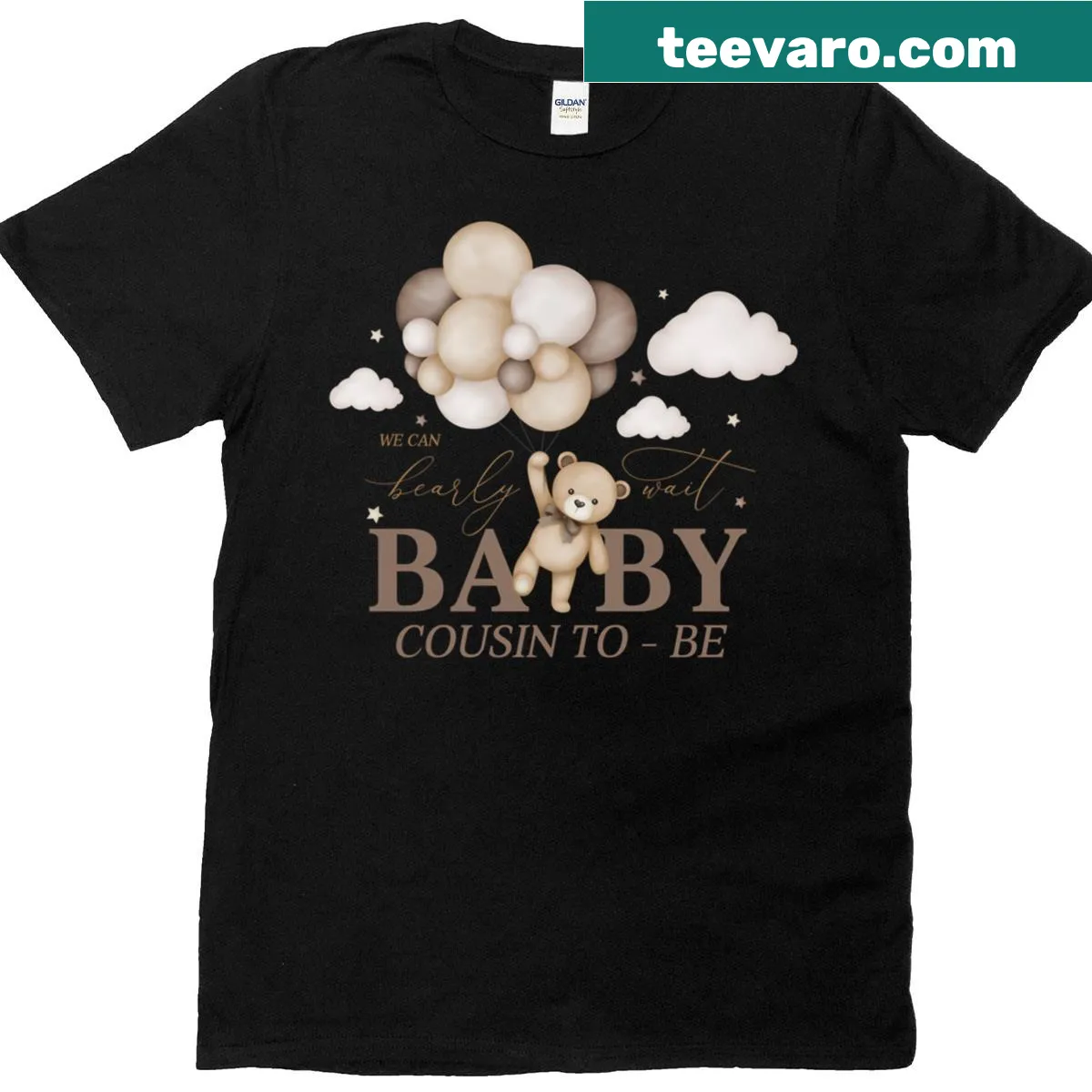 Baby shower T-shirt with 'We Can Bearly Wait' bear graphic — on a men's t-shirt