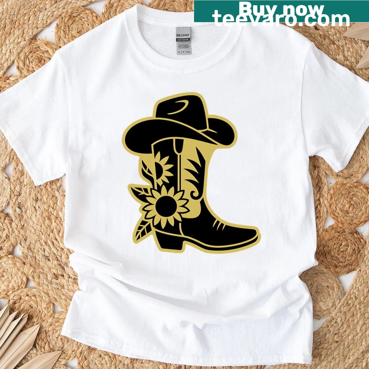Illustration of cowboy boot with sunflowers on a T-shirt — on a men's t-shirt