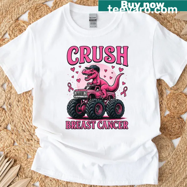 Monster truck with pink ribbon design for breast cancer awareness on a t-shirt