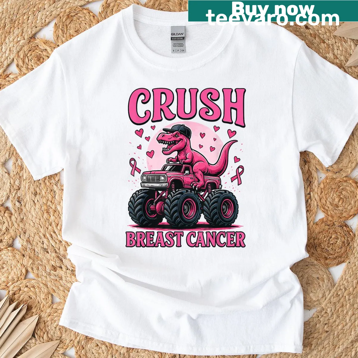 Monster truck with pink ribbon design for breast cancer awareness on a t-shirt — on a men's t-shirt