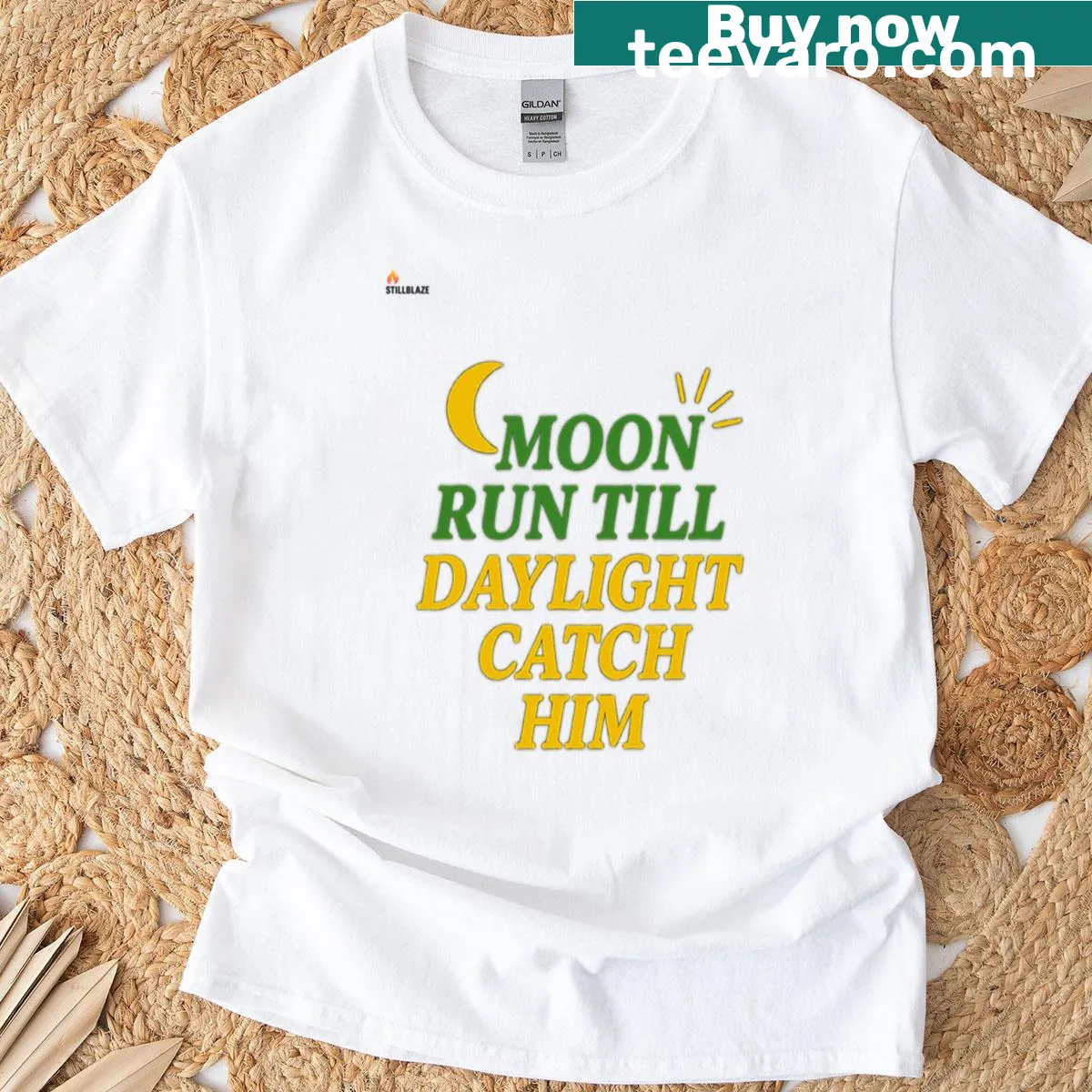 T-shirt with 'Moon Run Till Daylight' quote in typography design — on a men's t-shirt